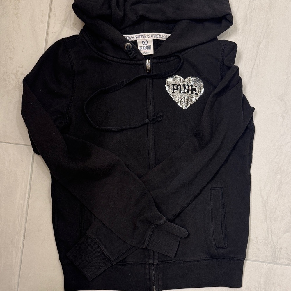 PINK Victoria's Secret Sequin Black Zip-Up Hoodie